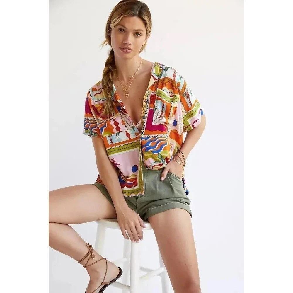 Maeve Anthropologie Tropical Postcard Print Button Down Shirt Short Sleeve Small